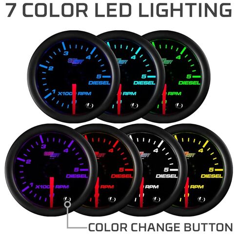 مقياس سرعة الدوران GlowShift ملون 7 ألوان 5000 دورة في الدقيقة - لمحركات الديزل 4، 6، 8 أسطوانات - قرص أسود - عدسة مدخنة - 2-1/16 بوصة 52 مم in Saudi Arabia