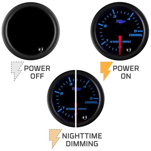 مقياس سرعة الدوران GlowShift ملون 7 ألوان 5000 دورة في الدقيقة - لمحركات الديزل 4، 6، 8 أسطوانات - قرص أسود - عدسة مدخنة - 2-1/16 بوصة 52 مم in Saudi Arabia