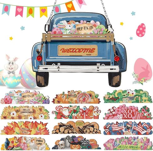 Menkxi 13 Pcs Interchangeable Diamond Painting Welcome Sign for Front Door Diamond Painting Blue Farmhouse Truck Decor Hanging Sign Interchangeable Seasonal Decor with 12 Holiday Icons for Home Wall in Kuwait