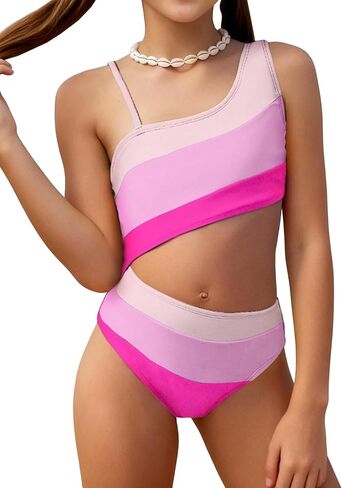 Girls One Piece Swimsuit Color Block One Shoulder Bathing Suit Cut Out Swimwear in Kuwait