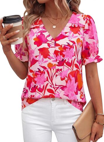 PRETTYGARDEN Womens Boho Tops Summer 2026 V Neck Puff Sleeve Casual Button Down Ruffle Floral Blouses Shirts Work Clothes in Saudi Arabia