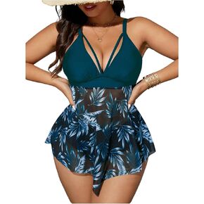 SHENHE Women's Plus Size 2 Piece Bikini Set V Neck Floral Mesh Flowy Tankini High Cut Bathing Suits in Saudi Arabia