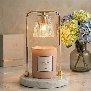 Electric Candle Warmer Lamp with Timer & Dimmer, Real White Marble Base and Gold Frame, 2 Bulbs Included, Safe Flameless Wax Melter Compatible with Small & Large Scented Candles in Saudi Arabia