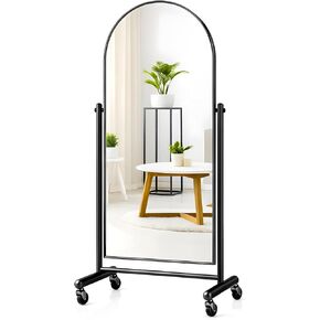 Arched Full Length Rolling Mirror on Wheels, 65"Lx23"W Large Modern Tilting Swivel Mirror with Tempered Glass & Metal Frame, Use for Dressing,Dance Studio,Fitness,Home Gym, Barbershop (Black) in Kuwait