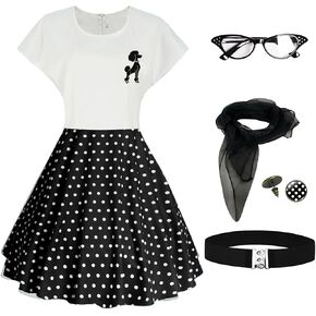 1950s Poodle Skirts Sock hop Outfits Women 50s Poodle Dress with Belt Glasses Earrings and Scarf in Kuwait