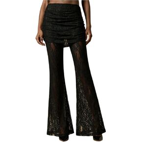 Women's Lace Sheer Mesh Bell Bottoms Ruched High Waisted Flare Leggings Skirt Pants in Kuwait