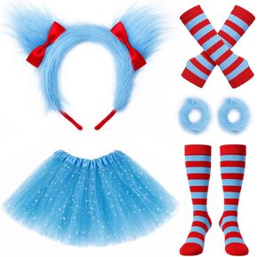 World Book Day Thing Costume - Include Headbands Tutu Skirt Striped Fuzzy Bracelet Gloves and Knee Socks for 101 Days of School Dress Up Blue in Kuwait