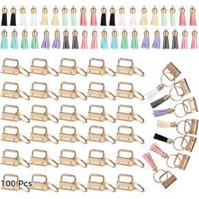 200 Pcs Key Fob Hardware Set, Including 100 Pcs Gold Key Fob and 100 Pcs Tassels, 10 Colors Tassels for DIY Keychain Making, Craft Projects, Bags, Lanyard, Wrist Strap in Kuwait