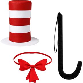 3 Pcs Cat Costume with Red and White Stovepipe Hat Bowtie Tail Fit World Book Day Halloween Cosplay Party Costume Accessories in Saudi Arabia