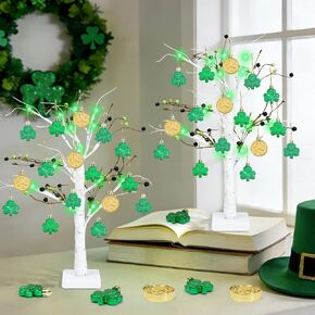 2 حزمة من زينة شجرة عيد القديس باتريك المضاءة، شجرة البتولا مقاس 22 بوصة مع 24 قطعة من زخارف نبات النفل، ديكور سطح الطاولة لعيد القديس باتريك يعمل بالبطارية لحفلات الربيع والمنزل ومدفأة المكتب in Kuwait
