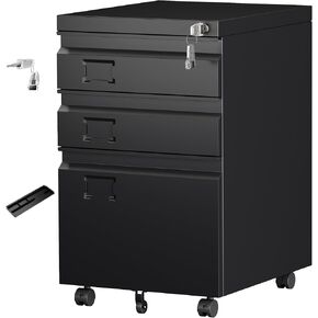 Aobabo 3 Drawer File Cabinet with Lock,Small Filing Cabinet Under Desk for Home Office Organizer Letters/Legal/A4,Required Assembly,Black in Kuwait