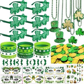 178 حزمة من إكسسوارات يوم القديس باتريك، إكسسوارات زينة سانت باتي، هدايا الحفلات، نظارات شامروك السائبة، أساور المعصم، قلادة وشم اللحية الخضراء، عملات معدنية لمستلزمات الحفلات الأيرلندية in Kuwait