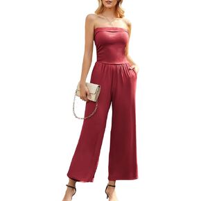 Womens Jumpsuits Tube Strapless High Waist One Piece Outfits Classic Wide-Leg Pants Romper with Pockets in Kuwait