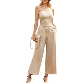 Womens Jumpsuits Tube Strapless High Waist One Piece Outfits Classic Wide-Leg Pants Romper with Pockets in Saudi Arabia