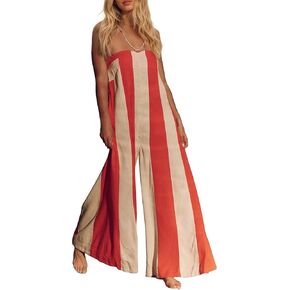 Striped Wide Leg Jumpsuits For Women Summer Casual Strapless Romper Comfy Loose Sleeveless Beach Outfits with Pockets in Saudi Arabia