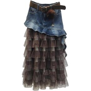 تنورة طويلة من الدنيم للنساء تنانير جينز ذات طبقات شبكية من التول المرقعة وكشكشة على شكل حرف A in Kuwait