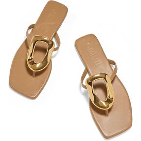 Women's Flat Sandals Summer Square Toe Flip Flops Comfortable Beach Flats Slip on Metal Decoration Slide Shoes in Kuwait