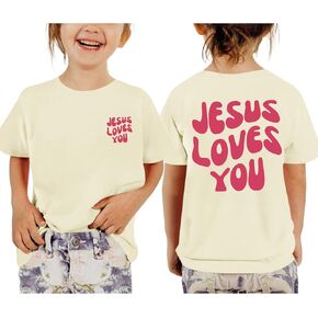 قميص Jesus Loves You للأطفال، قمصان مسيحية للفتيات، قمصان لطيفة برسوم الكتاب المقدس، قمصان ملهمة، ملابس Preppy in Kuwait