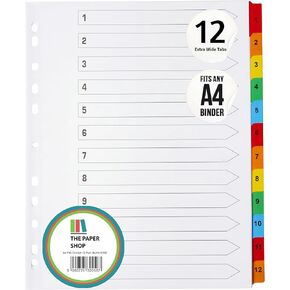 [5 عبوات] فواصل مجلدات مع علامات تبويب مقاس A4 عريضة جدًا مرقمة من 1 إلى 12 علامة تبويب | فواصل لـ 3 حلقات ربط | لصفحات التنظيم في 3 فواصل حلقية مع علامات تبويب - متجر الورق in Kuwait