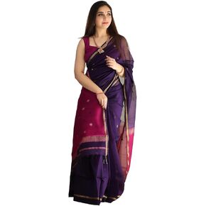 Women's Banarasi Cotton Silk Saree Royal Purple and Magenta with Golden Zari Border | Soft Silk Saree with Unstitched Blouse Piece in Saudi Arabia