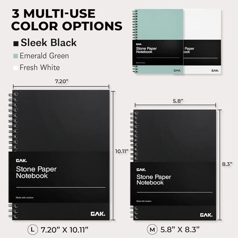 GAK. Stone Paper Waterproof Spiral Notebook, 7.20"x10.11", 50 sheets, Durable Notebook, Eco-Friendly Mineral Stone Paper Notebook, Waterproof Notepad, Ruled, Black in Saudi Arabia
