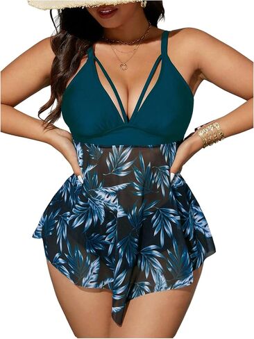 SHENHE Women's Plus Size 2 Piece Bikini Set V Neck Floral Mesh Flowy Tankini High Cut Bathing Suits in Saudi Arabia