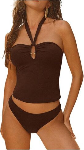 Verdusa Women's Modest Tankini Swimsuits Halter Cut Out Tie Back Tops with Panty Beach Bikini Set in Saudi Arabia