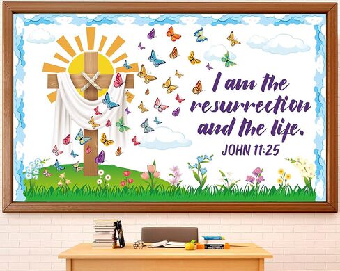 110Pcs Easter Spring Christian Classroom Decor Floral Cross Bulletin Board Decorations Set Easter Jesus Butterfly Spring Flower Bulletin Board Borders for Easter Spring School Office Classroom Decor in Saudi Arabia