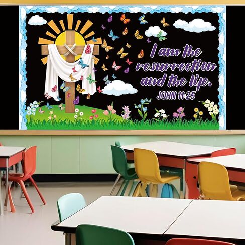 110Pcs Easter Spring Christian Classroom Decor Floral Cross Bulletin Board Decorations Set Easter Jesus Butterfly Spring Flower Bulletin Board Borders for Easter Spring School Office Classroom Decor in Saudi Arabia