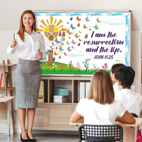 110Pcs Easter Spring Christian Classroom Decor Floral Cross Bulletin Board Decorations Set Easter Jesus Butterfly Spring Flower Bulletin Board Borders for Easter Spring School Office Classroom Decor in Saudi Arabia