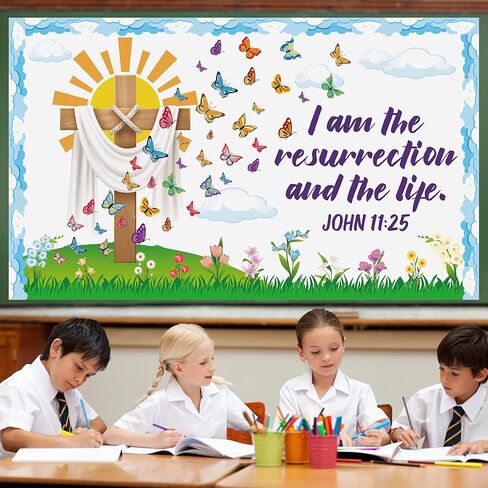 110Pcs Easter Spring Christian Classroom Decor Floral Cross Bulletin Board Decorations Set Easter Jesus Butterfly Spring Flower Bulletin Board Borders for Easter Spring School Office Classroom Decor in Saudi Arabia