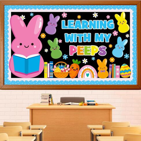 Easter Learning Bulletin Board Decoration Set, Spring Peeps Classroom Decorations Easter Bunny Eggs Book Rainbow Cutouts March April Library School Home Nursery Wall Window Door Decor for Teacher in Kuwait