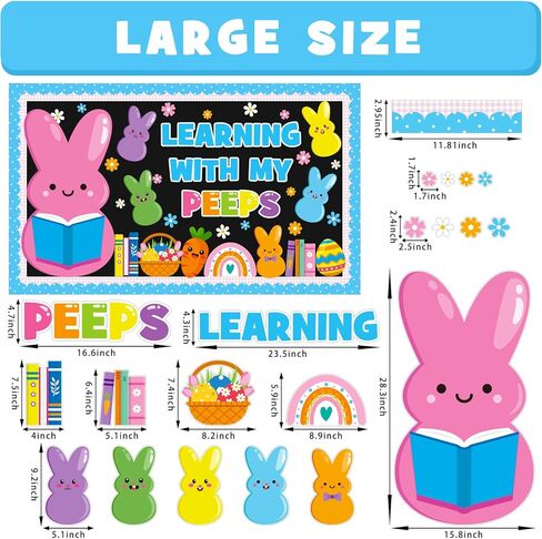 Easter Learning Bulletin Board Decoration Set, Spring Peeps Classroom Decorations Easter Bunny Eggs Book Rainbow Cutouts March April Library School Home Nursery Wall Window Door Decor for Teacher in Kuwait