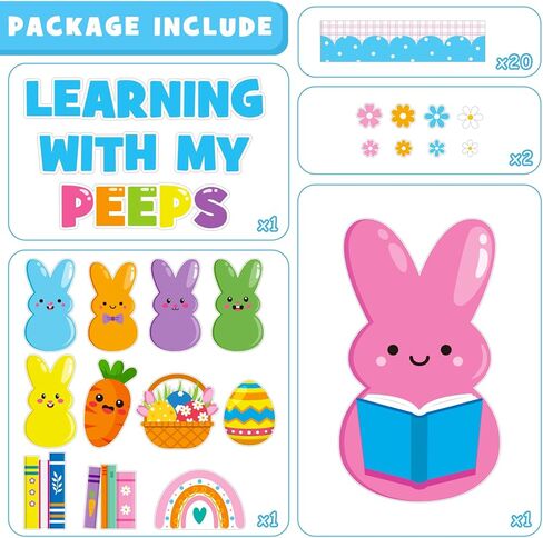 Easter Learning Bulletin Board Decoration Set, Spring Peeps Classroom Decorations Easter Bunny Eggs Book Rainbow Cutouts March April Library School Home Nursery Wall Window Door Decor for Teacher in Kuwait