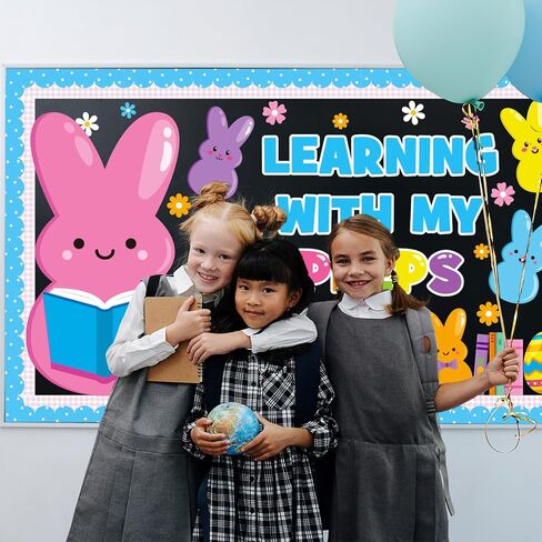 Easter Learning Bulletin Board Decoration Set, Spring Peeps Classroom Decorations Easter Bunny Eggs Book Rainbow Cutouts March April Library School Home Nursery Wall Window Door Decor for Teacher in Kuwait