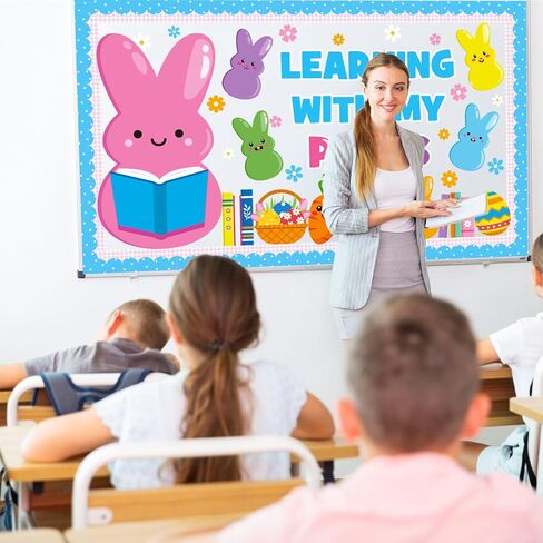 Easter Learning Bulletin Board Decoration Set, Spring Peeps Classroom Decorations Easter Bunny Eggs Book Rainbow Cutouts March April Library School Home Nursery Wall Window Door Decor for Teacher in Kuwait