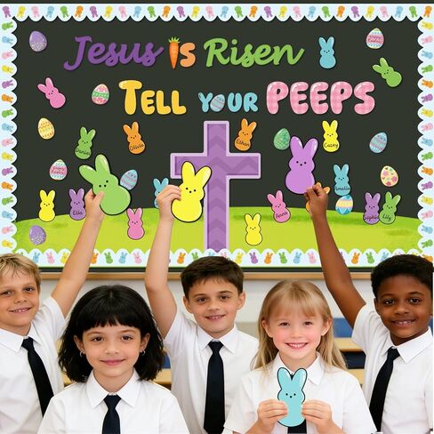 ديكورات لوحة إعلانات عيد الفصح، 72 قطعة من زينة عيد الفصح يسوع، يسوع قام أخبر زقزقة البيض والأرنب قطع الأراضي العشبية، ديكورات عيد الفصح المسيحية، ديكور الكنيسة في الفصل الدراسي الأحد in Kuwait