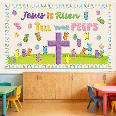 ديكورات لوحة إعلانات عيد الفصح، 72 قطعة من زينة عيد الفصح يسوع، يسوع قام أخبر زقزقة البيض والأرنب قطع الأراضي العشبية، ديكورات عيد الفصح المسيحية، ديكور الكنيسة في الفصل الدراسي الأحد in Kuwait