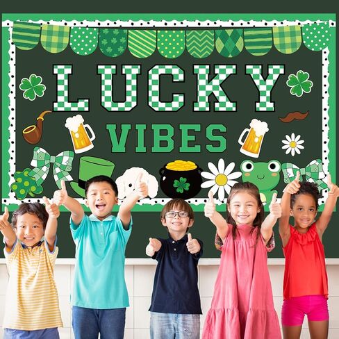 St.Patrick's Day Bulletin Board Decoration Set Green Shamrock Paper Cut Outs Lucky Vibes Bulletin Board Set for St.Patrick’s Party Supplies Home Office School Classroom Chalkboard Wall Decor in Saudi Arabia