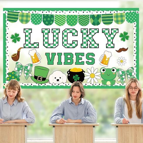 St.Patrick's Day Bulletin Board Decoration Set Green Shamrock Paper Cut Outs Lucky Vibes Bulletin Board Set for St.Patrick’s Party Supplies Home Office School Classroom Chalkboard Wall Decor in Saudi Arabia