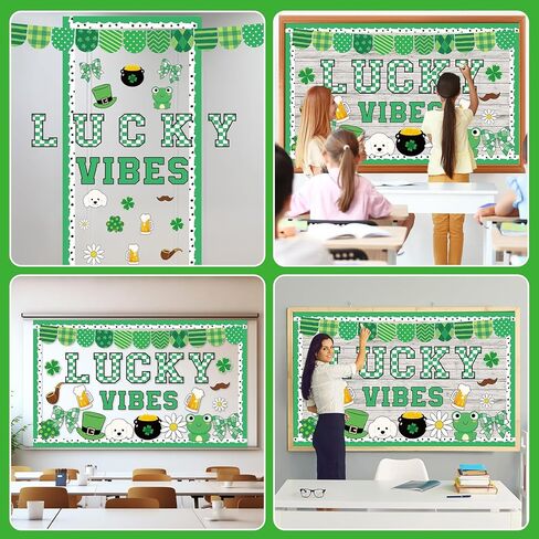St.Patrick's Day Bulletin Board Decoration Set Green Shamrock Paper Cut Outs Lucky Vibes Bulletin Board Set for St.Patrick’s Party Supplies Home Office School Classroom Chalkboard Wall Decor in Saudi Arabia