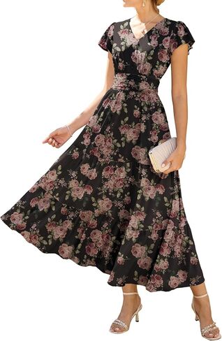 GRACE KARIN 2026 Women Summer Dress,Maxi Short Sleeve Floral Dresses,Semi Formal Flowy Wedding Guest Dress with Pocket in Saudi Arabia
