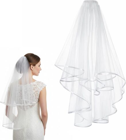White Bridal Veil, Short Wedding Bridal Veil with Comb 2 Tier Simple Tulle Bride Veils Elegant Bridals Veils Headwear for Wedding Bachelorette Party Decorations Bridals Shower Gift (60-80cm/23-31in) in Saudi Arabia