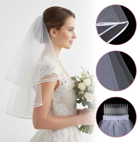White Bridal Veil, Short Wedding Bridal Veil with Comb 2 Tier Simple Tulle Bride Veils Elegant Bridals Veils Headwear for Wedding Bachelorette Party Decorations Bridals Shower Gift (60-80cm/23-31in) in Saudi Arabia