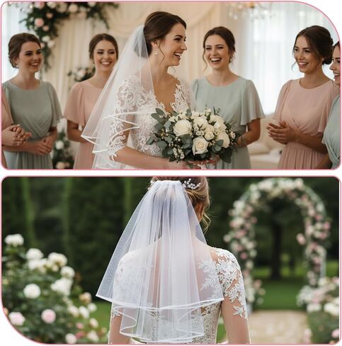 White Bridal Veil, Short Wedding Bridal Veil with Comb 2 Tier Simple Tulle Bride Veils Elegant Bridals Veils Headwear for Wedding Bachelorette Party Decorations Bridals Shower Gift (60-80cm/23-31in) in Saudi Arabia