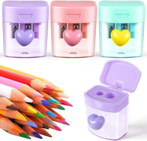 3 PCS Heart Pencil Sharpener, Colorful Dual Holes Pencil Sharpener with Lid Handheld Small Manual Crayon Sharpeners for Home and Office (Green, Purple, Pink) in Saudi Arabia