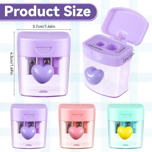 3 PCS Heart Pencil Sharpener, Colorful Dual Holes Pencil Sharpener with Lid Handheld Small Manual Crayon Sharpeners for Home and Office (Green, Purple, Pink) in Saudi Arabia