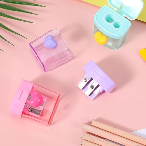 3 PCS Heart Pencil Sharpener, Colorful Dual Holes Pencil Sharpener with Lid Handheld Small Manual Crayon Sharpeners for Home and Office (Green, Purple, Pink) in Saudi Arabia