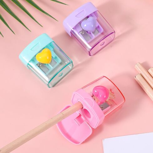 3 PCS Heart Pencil Sharpener, Colorful Dual Holes Pencil Sharpener with Lid Handheld Small Manual Crayon Sharpeners for Home and Office (Green, Purple, Pink) in Saudi Arabia