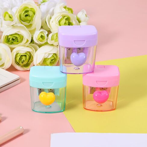 3 PCS Heart Pencil Sharpener, Colorful Dual Holes Pencil Sharpener with Lid Handheld Small Manual Crayon Sharpeners for Home and Office (Green, Purple, Pink) in Saudi Arabia
